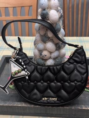 Betsey Johnson XONorthy Black Quilted Heart Mini Shoulder Bag with Martini Charm